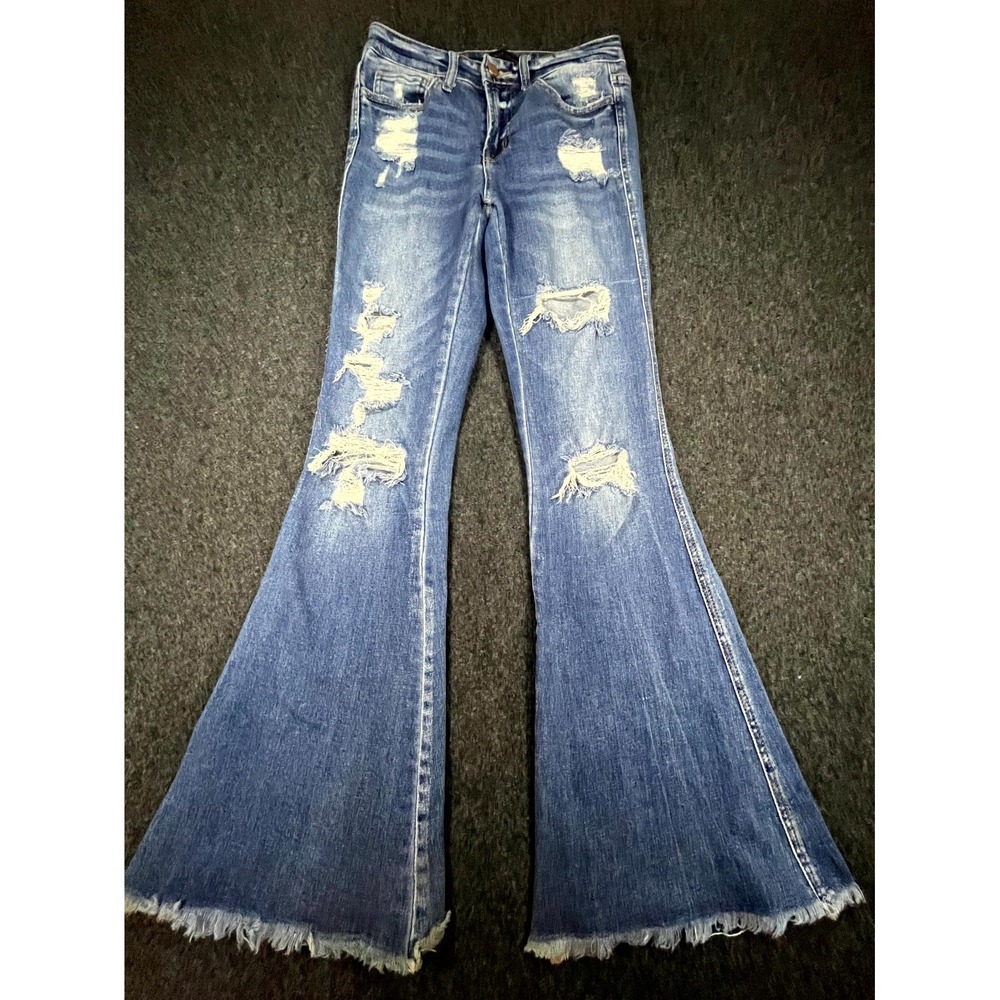 Flying Monkey Jeans Womens 26 Blue Denim Super Flare Bottom Stretch Distressed
